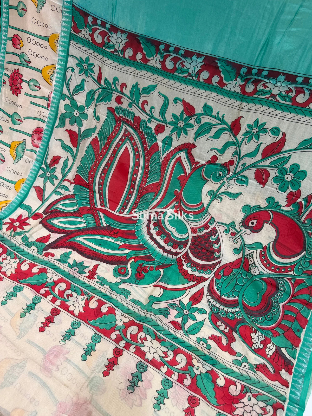 Mangalagiri Gap Border with Kalamkari Print Rama Green