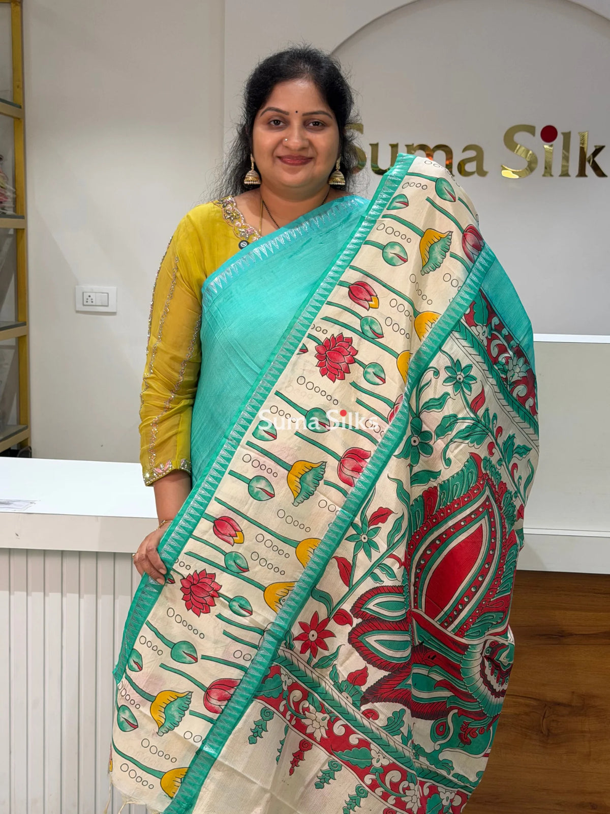 Mangalagiri Gap Border with Kalamkari Print Rama Green