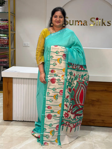 Mangalagiri Gap Border with Kalamkari Print Rama Green