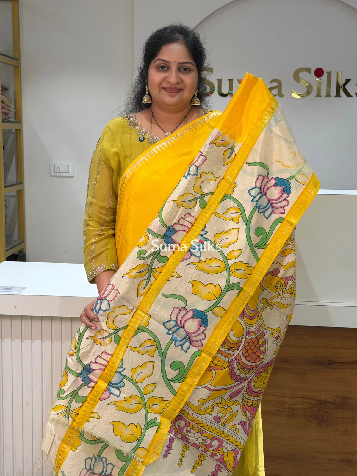 Mangalagiri Gap Border with Kalamkari Print Yellow