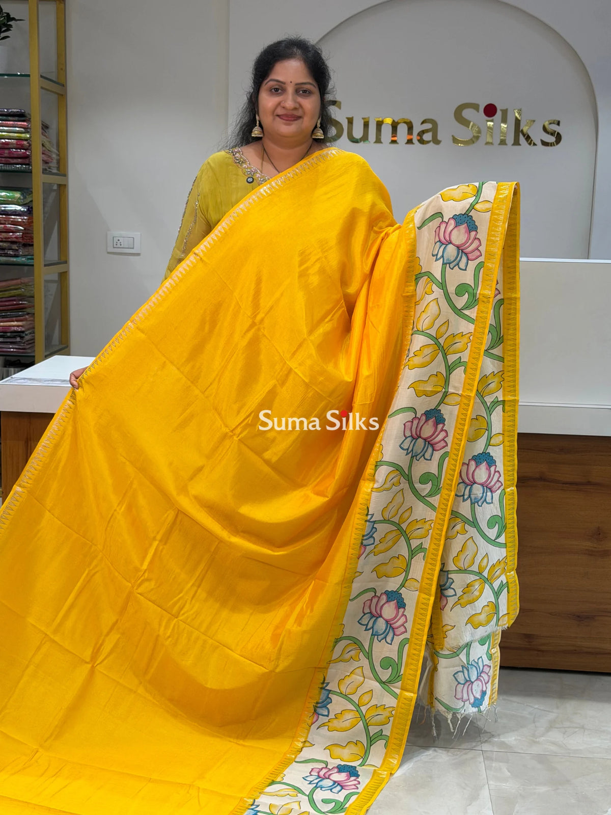 Mangalagiri Gap Border with Kalamkari Print Yellow