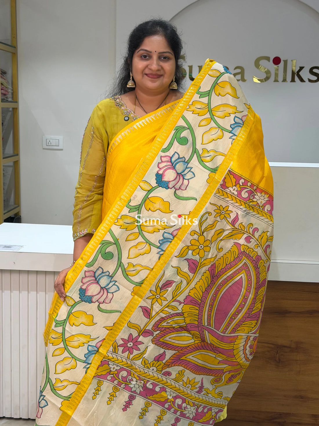 Mangalagiri Gap Border with Kalamkari Print Yellow