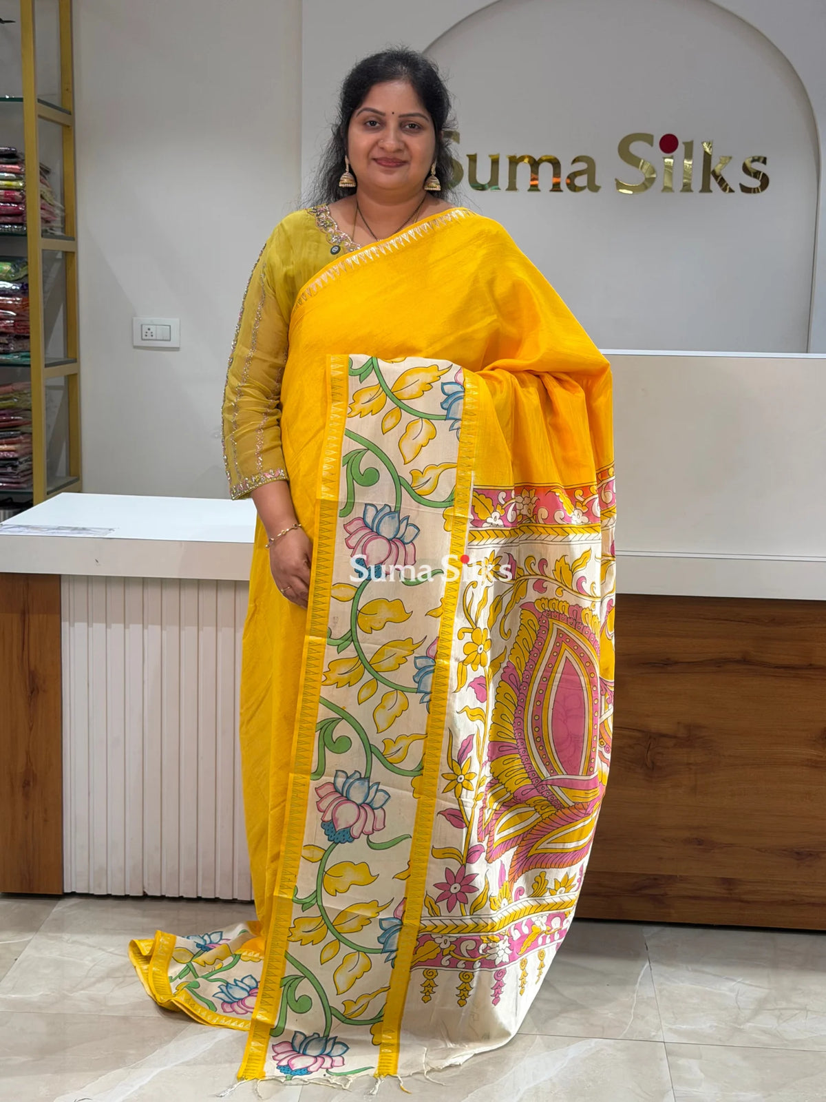 Mangalagiri Gap Border with Kalamkari Print Yellow