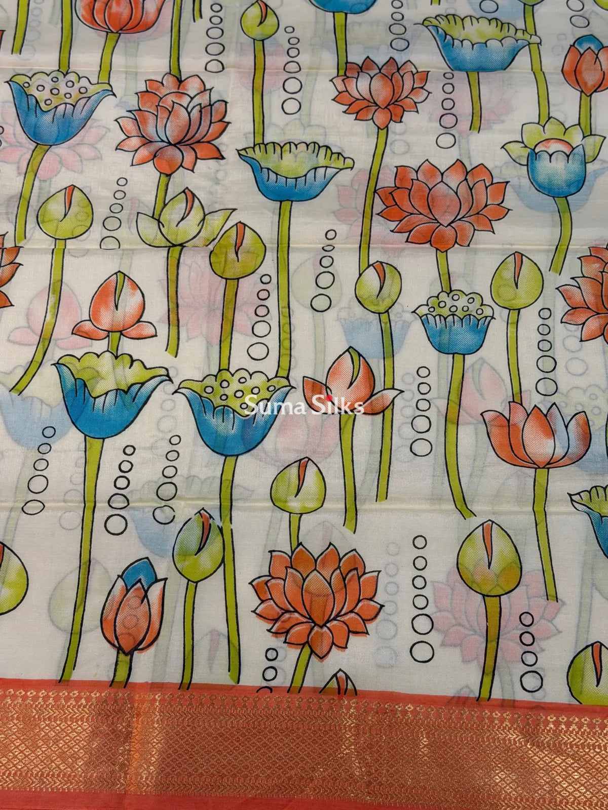 Mangalagiri Gap Border Kalamkari Dress Material Peach Color