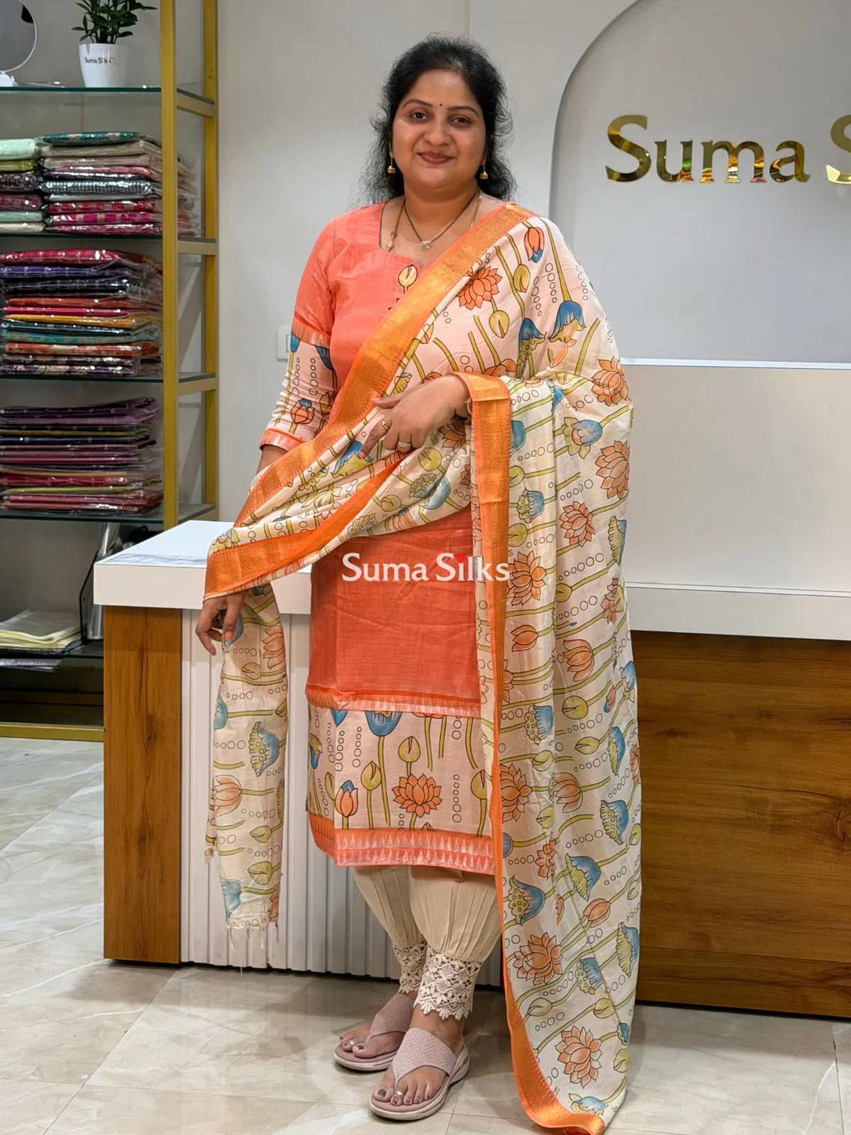 Mangalagiri Gap Border Kalamkari Dress Material Peach Color