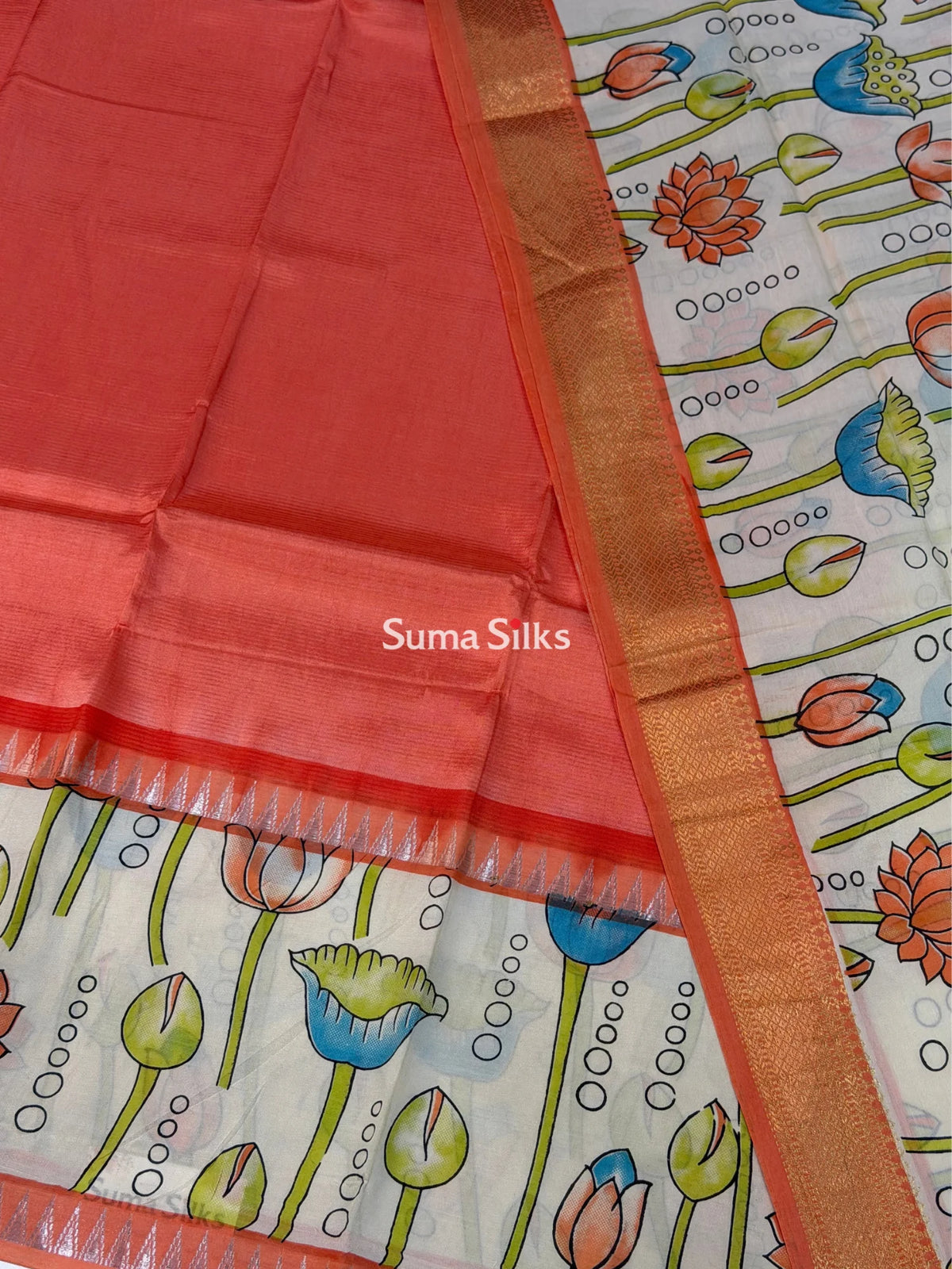 Mangalagiri Gap Border Kalamkari Dress Material Peach Color