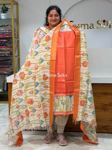 Mangalagiri Gap Border Kalamkari Dress Material Peach Color