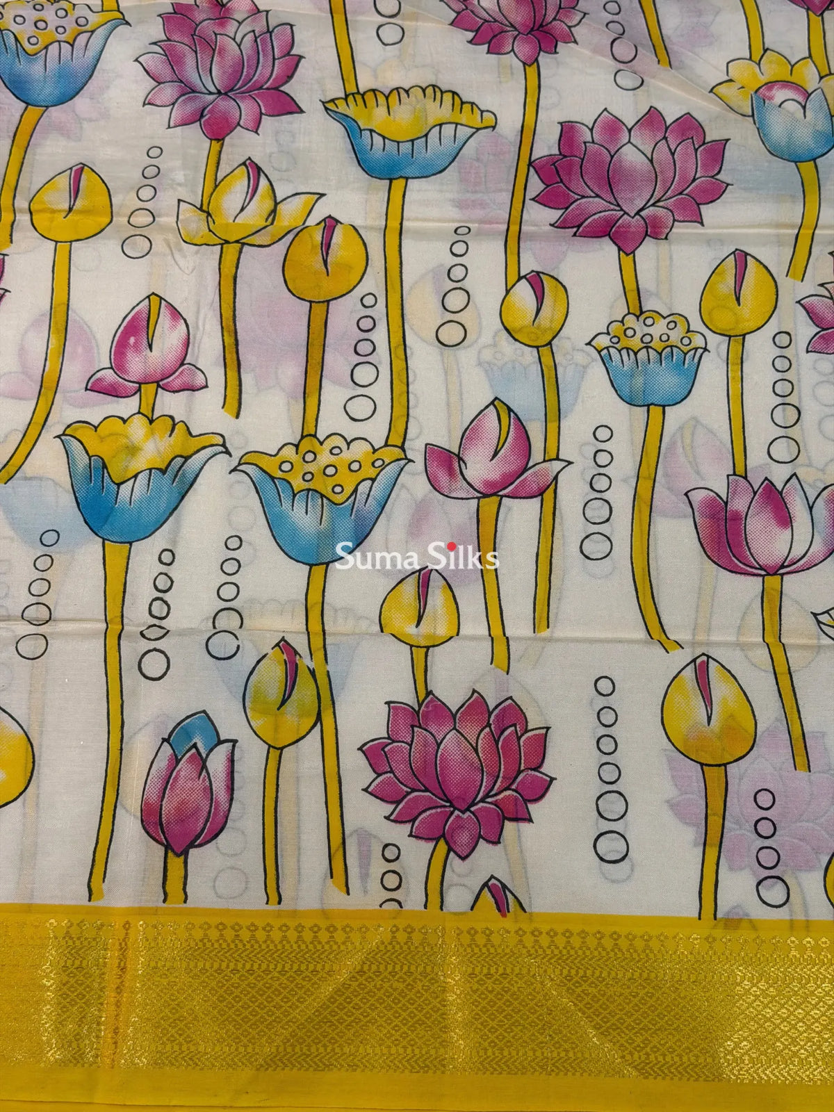Mangalagiri Silk Gap Border Kalamkari Dress Material Yellow Color