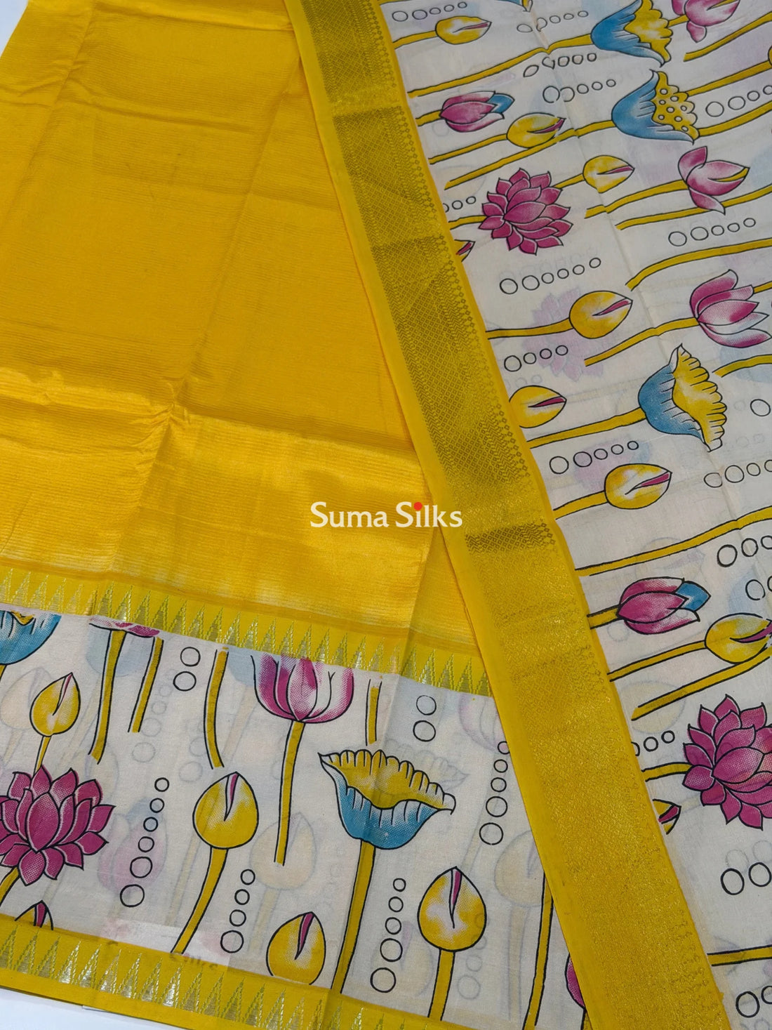 Mangalagiri Silk Gap Border Kalamkari Dress Material Yellow Color