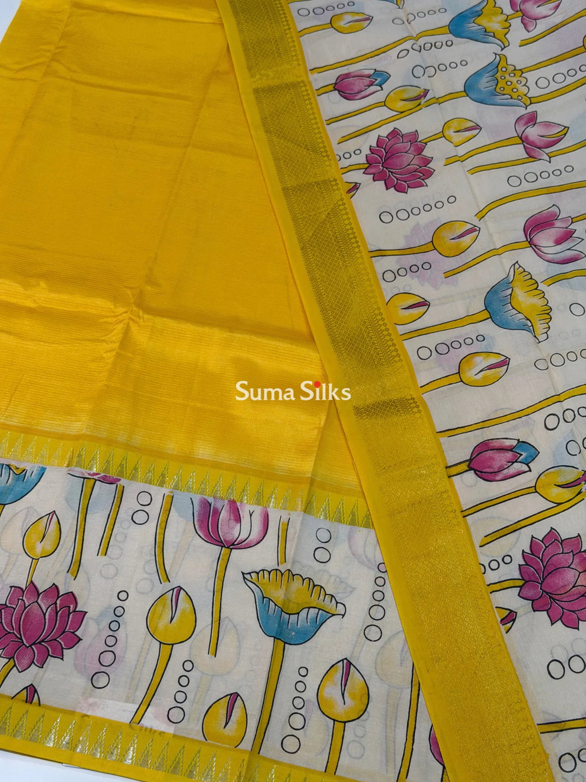 Mangalagiri Silk Gap Border Kalamkari Dress Material Yellow Color