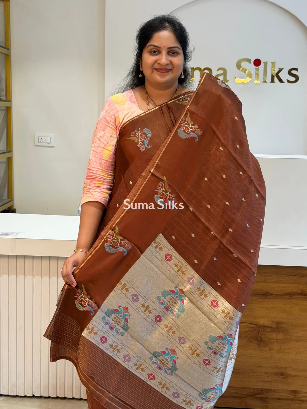 Manipuri Kota Paithani Border Saree Brown Color