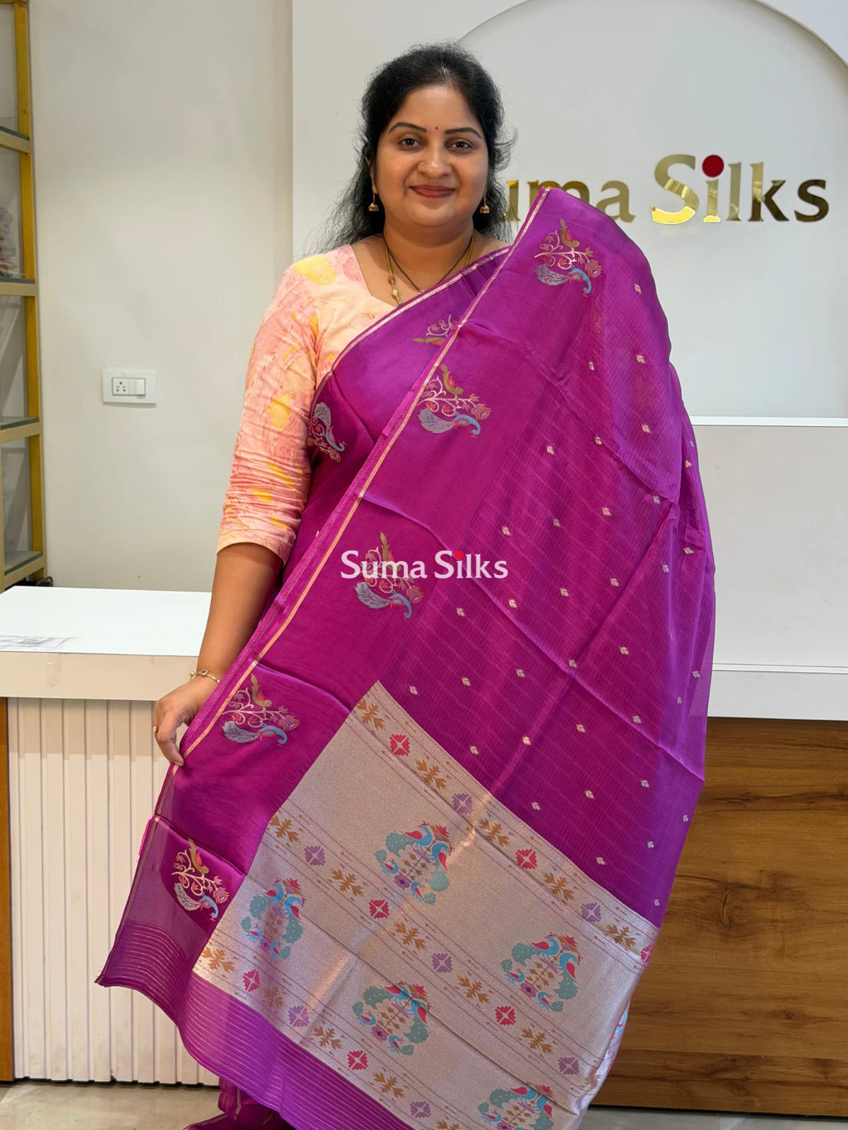 Manipuri Kota Paithani Border Saree Magenta Color