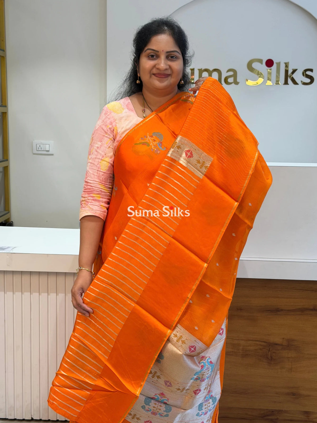 Manipuri Kota Paithani Border Saree Orange Color