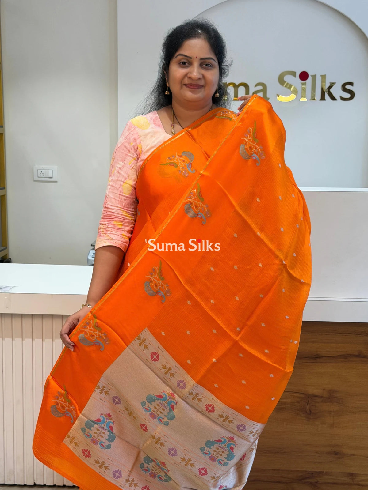 Manipuri Kota Paithani Border Saree Orange Color