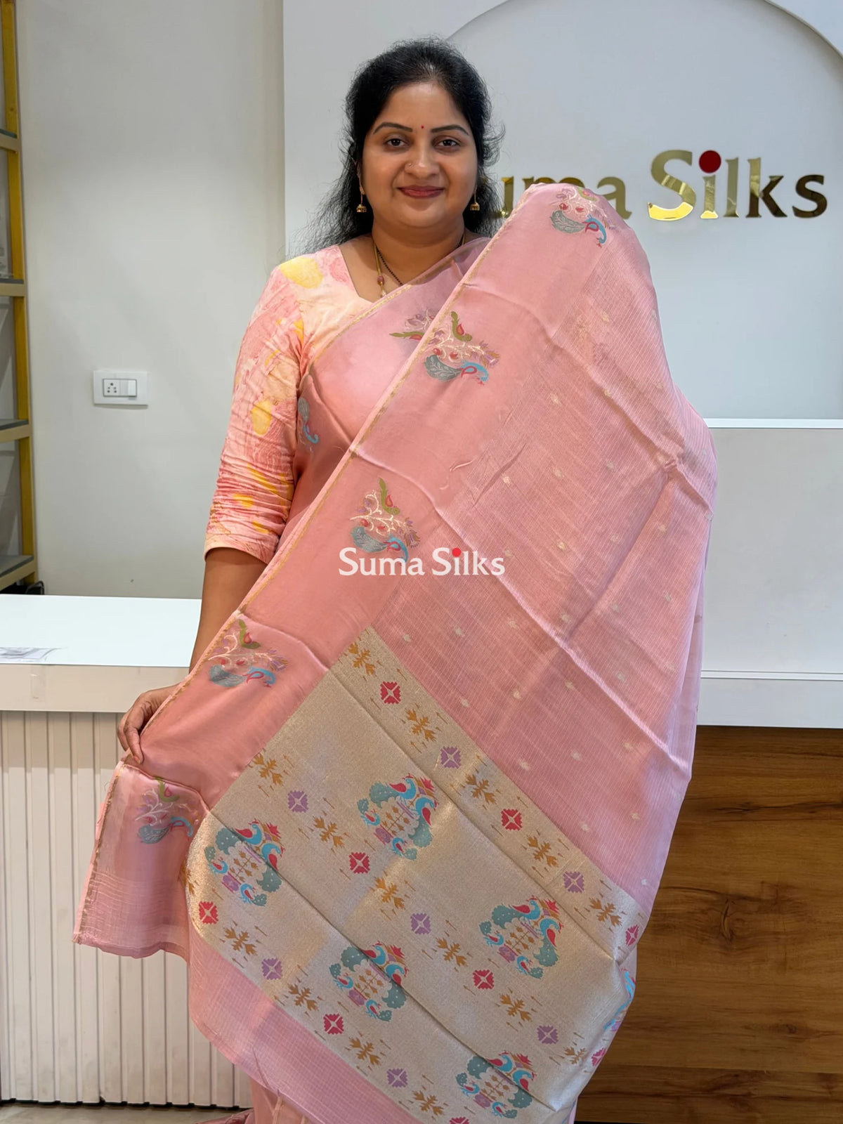 Manipuri Kota Paithani Border Saree Peach Color
