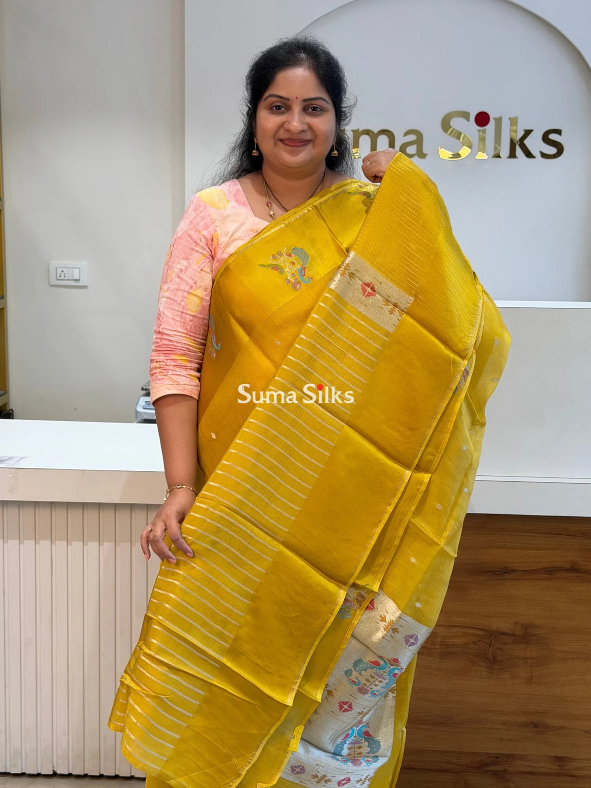 Manipuri Kota Paithani Border Saree Yellow Color