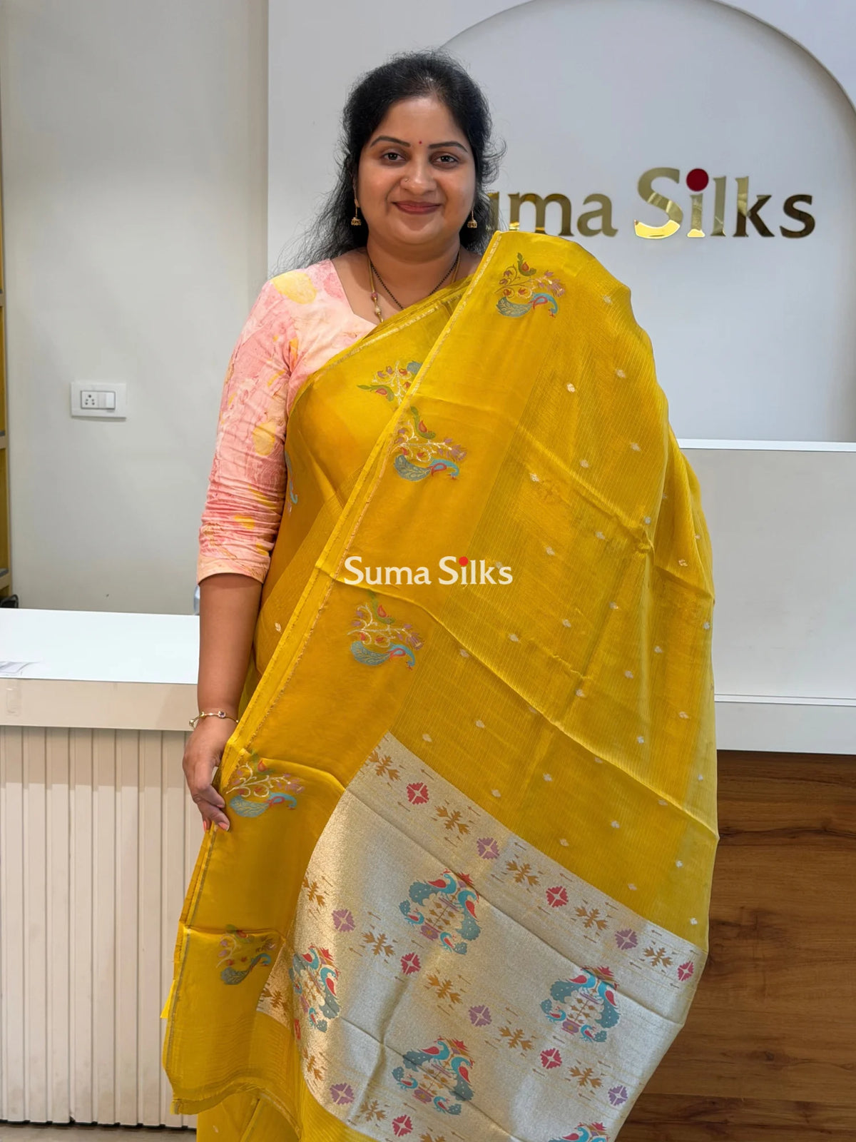 Manipuri Kota Paithani Border Saree Yellow Color