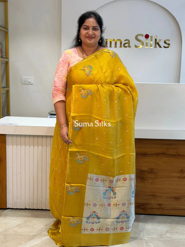 Manipuri Kota Paithani Border Saree Yellow Color