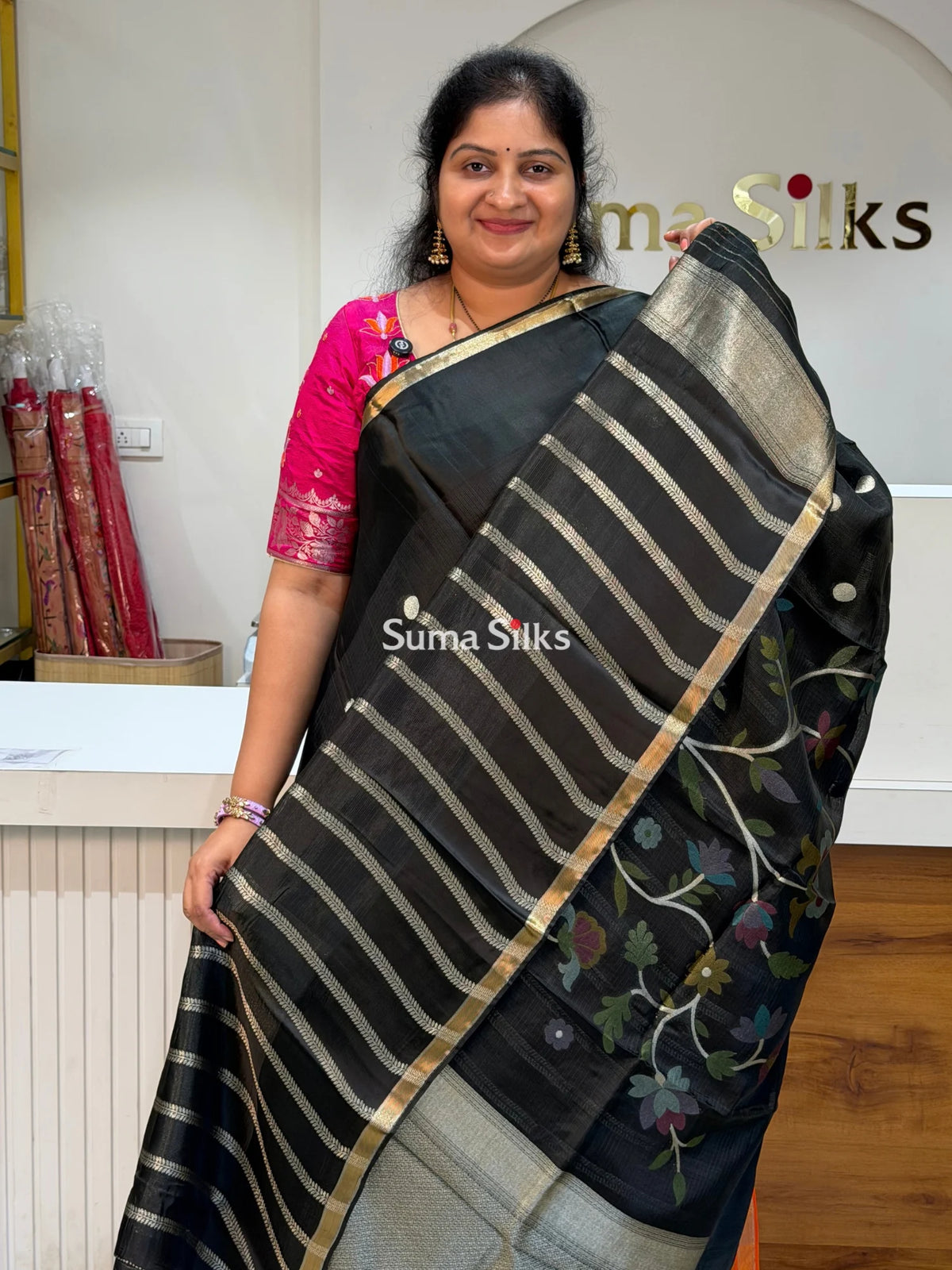 Manipuri Kota Paithani Pallu Black Color