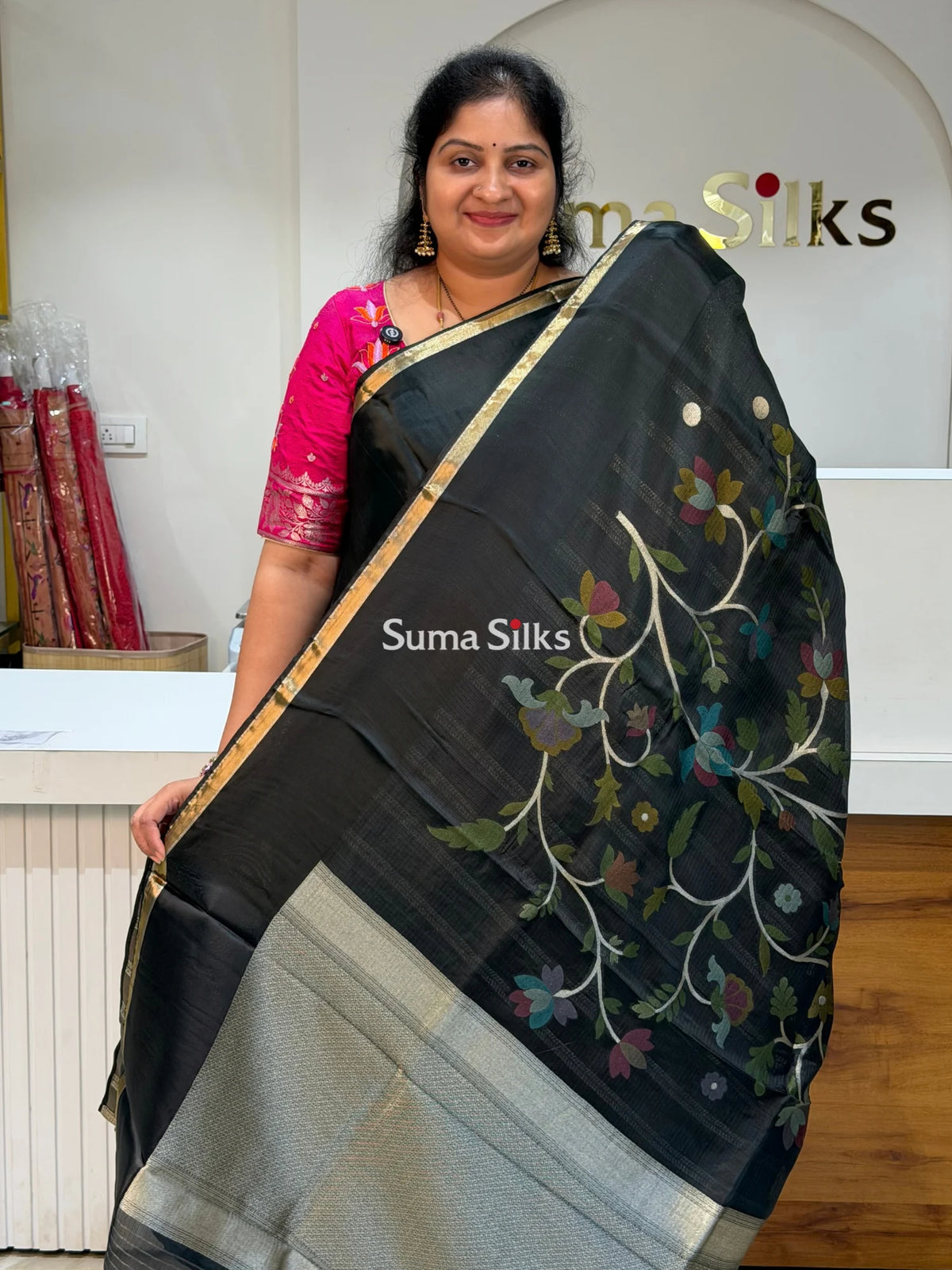 Manipuri Kota Paithani Pallu Black Color