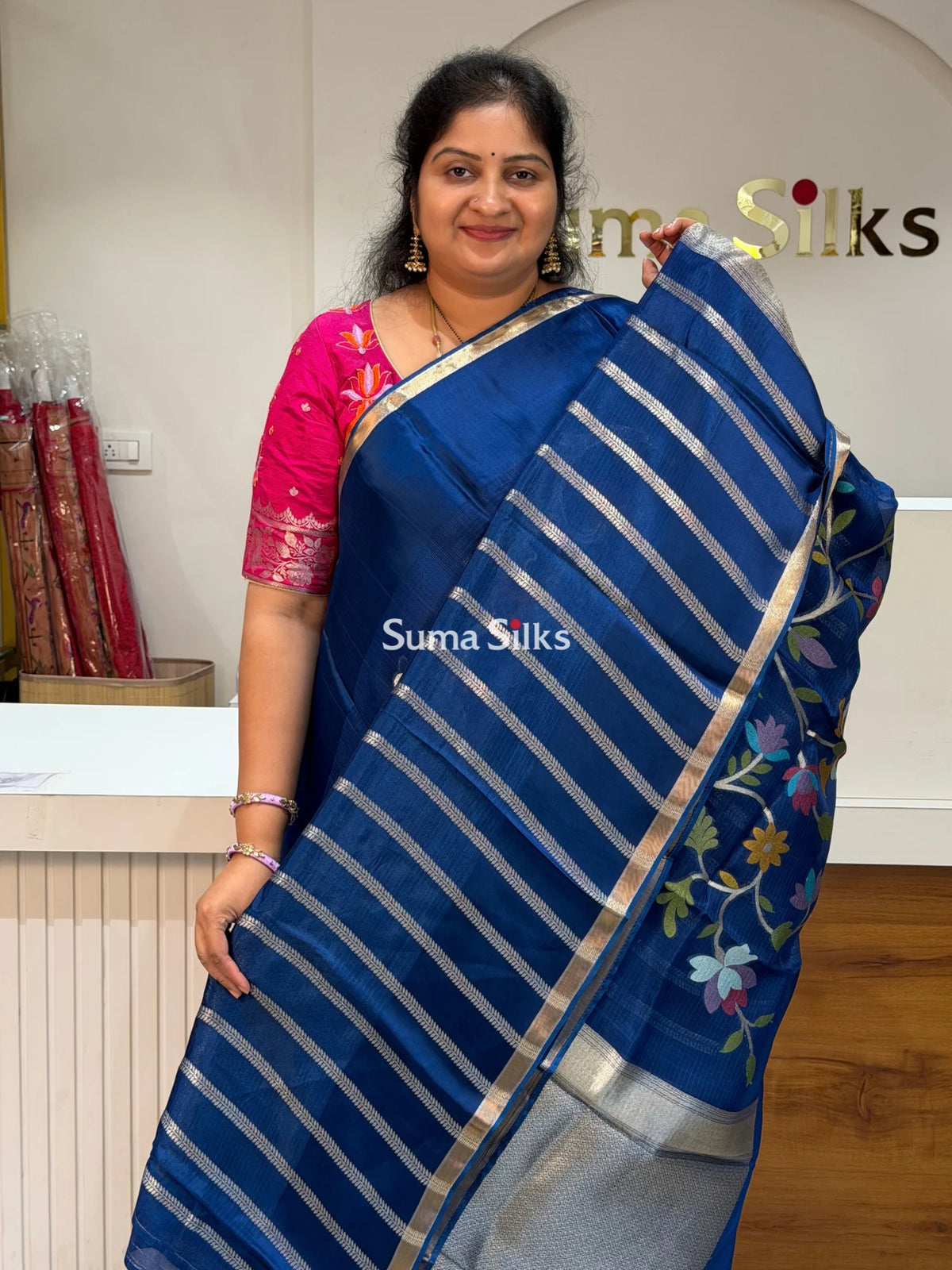 Manipuri Kota Paithani Pallu Navy Blue Color