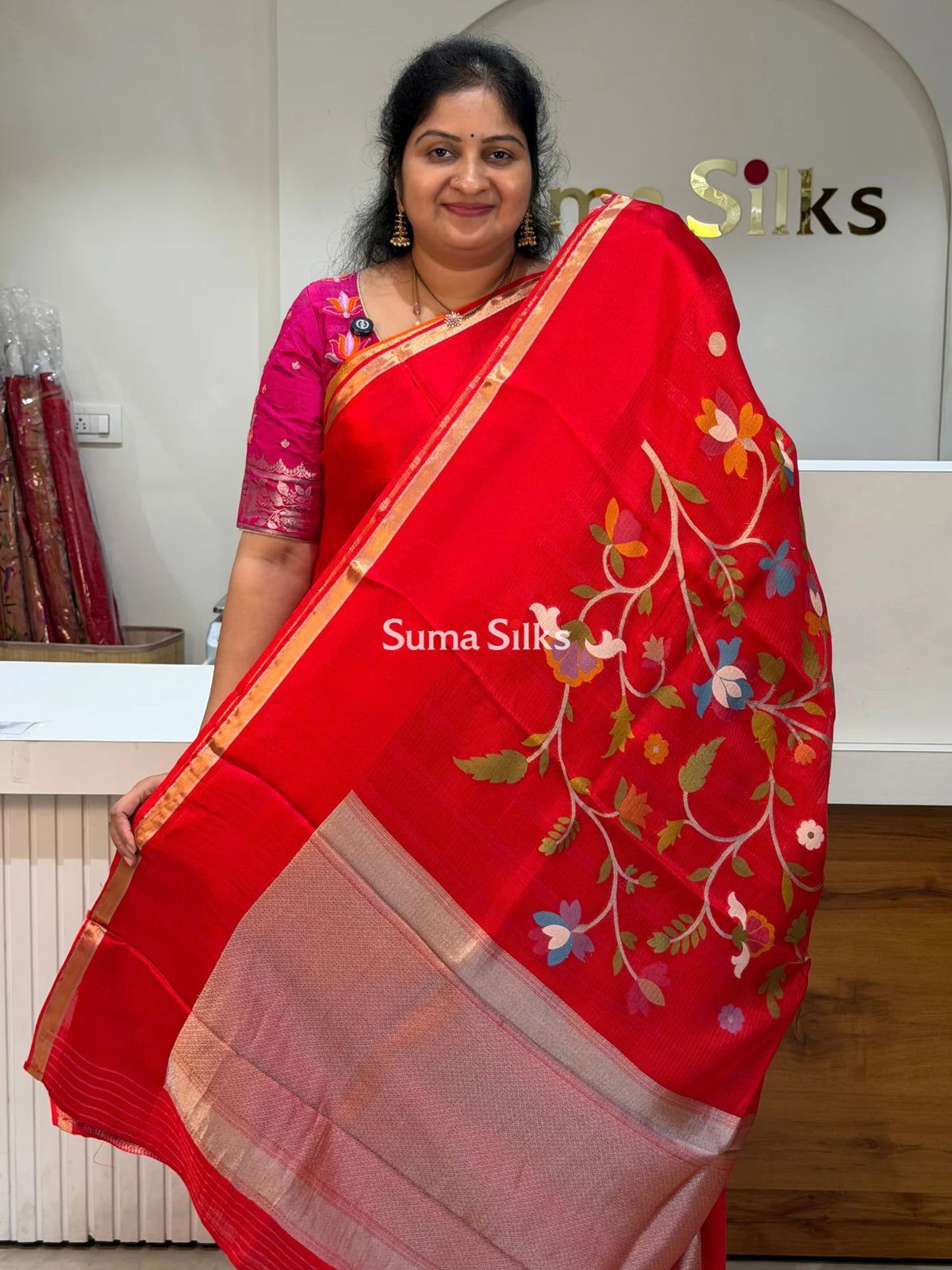 Manipuri Kota Paithani Pallu Red Color