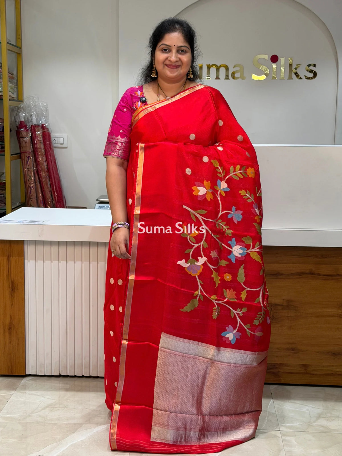 Manipuri Kota Paithani Pallu Red Color