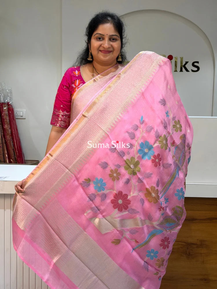 Manipuri Kota Parrot Paithani Pallu Baby Pink Color