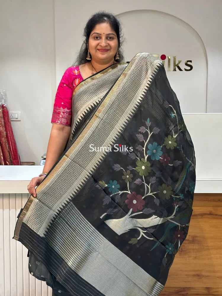 Manipuri Kota Parrot Paithani Pallu Black Color
