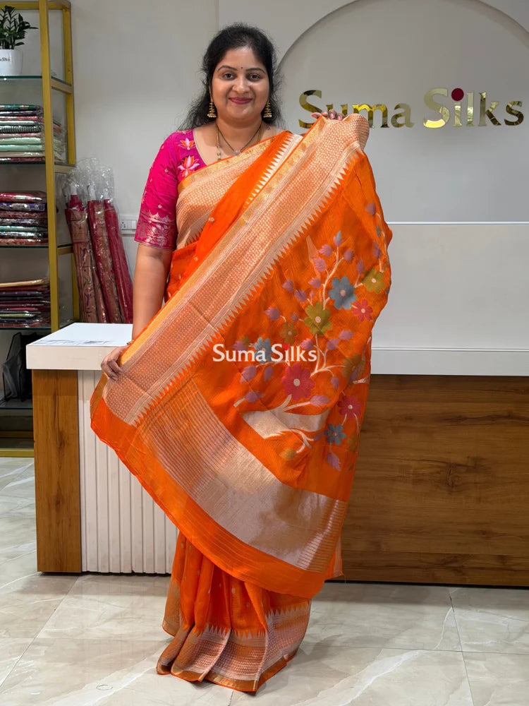 Manipuri Kota Parrot Paithani Pallu Orange Color