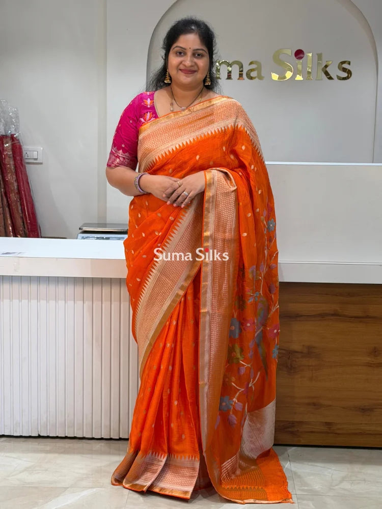 Manipuri Kota Parrot Paithani Pallu Orange Color