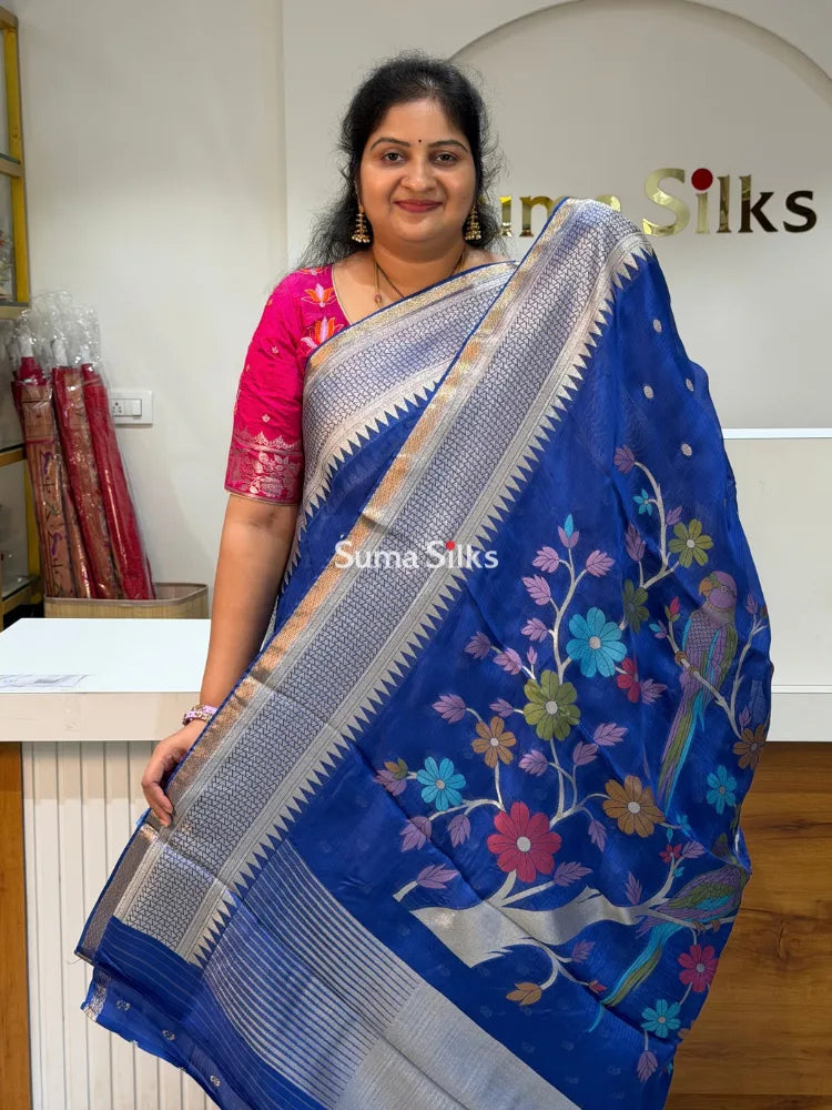 Manipuri Kota Parrot Paithani Pallu Royal Blue Color