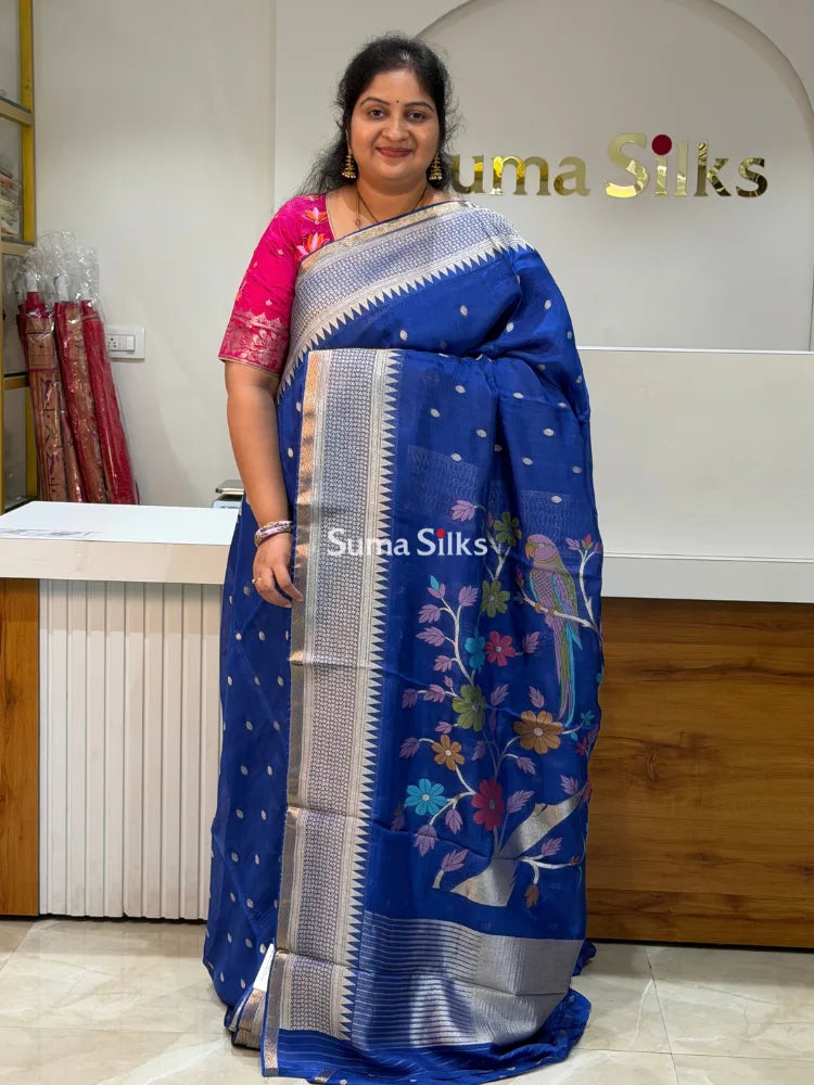 Manipuri Kota Parrot Paithani Pallu Royal Blue Color