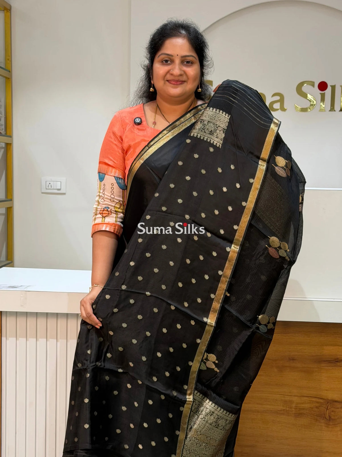 Manipuri Kota Poppins Saree Black Color