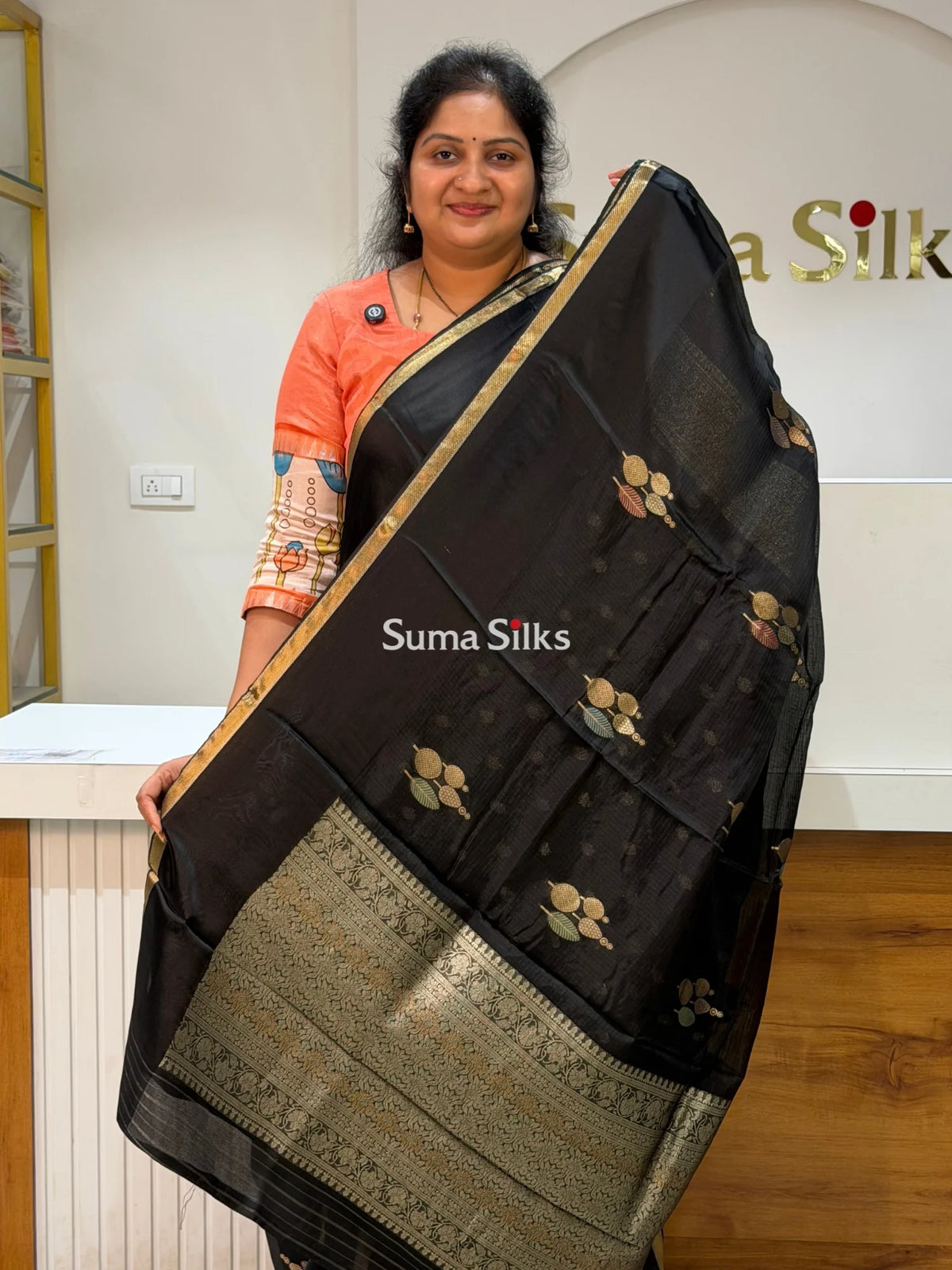 Manipuri Kota Poppins Saree Black Color