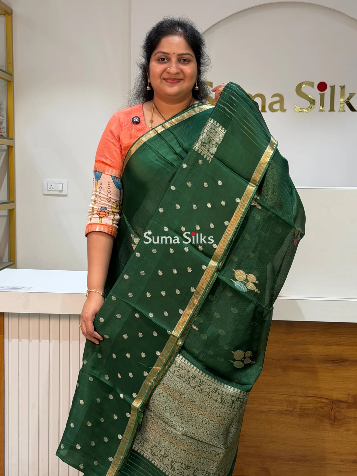 Manipuri Kota Poppins Saree Bottle Green Color