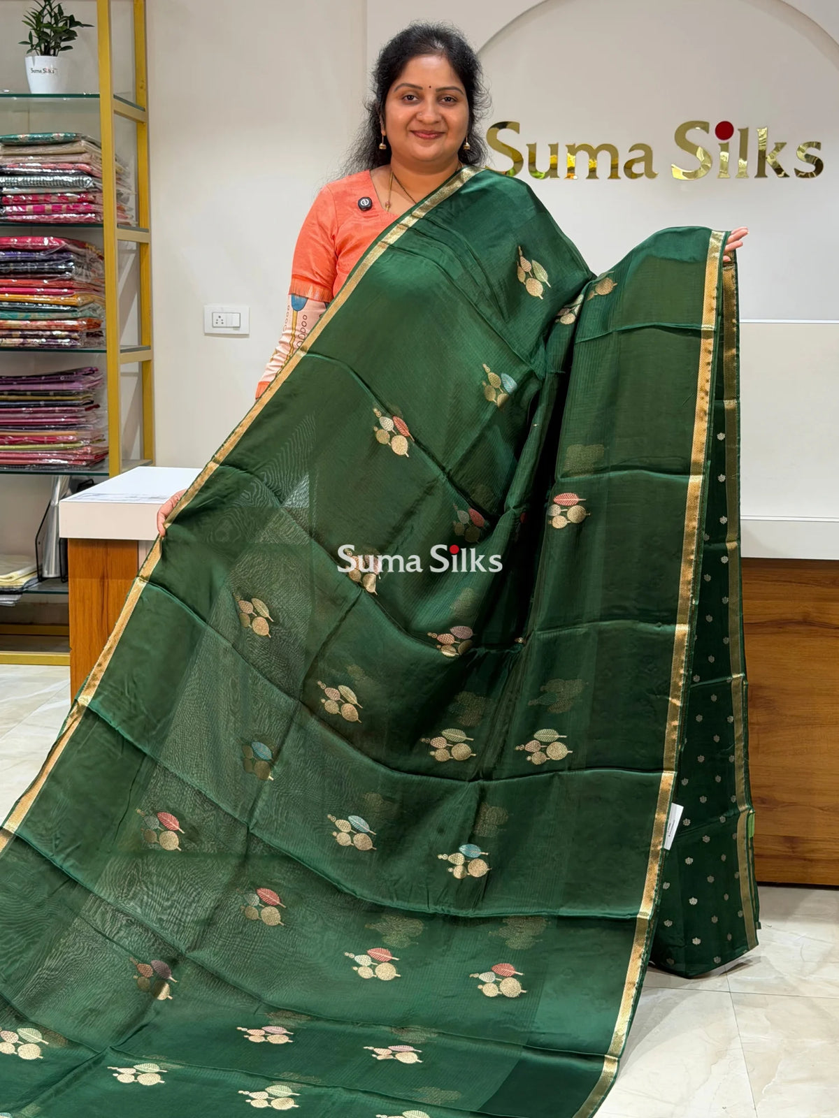 Manipuri Kota Poppins Saree Bottle Green Color