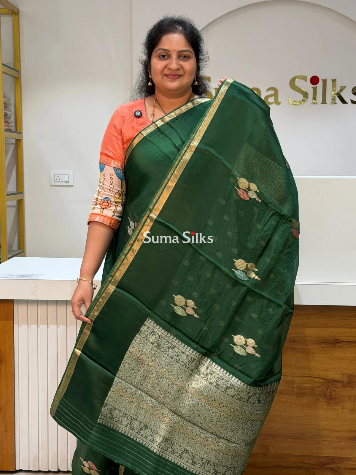 Manipuri Kota Poppins Saree Bottle Green Color