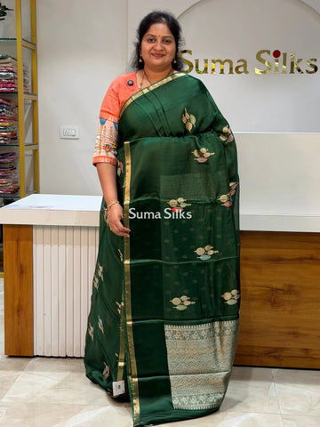 Manipuri Kota Poppins Saree Bottle Green Color