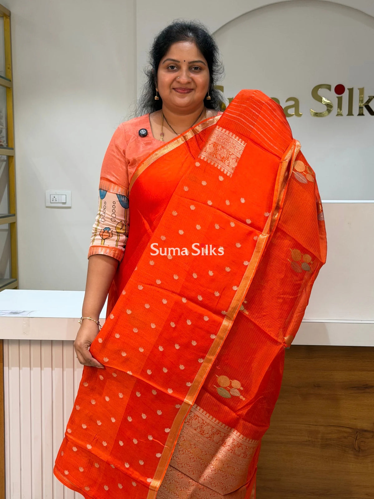 Manipuri Kota Poppins Saree Orange Color