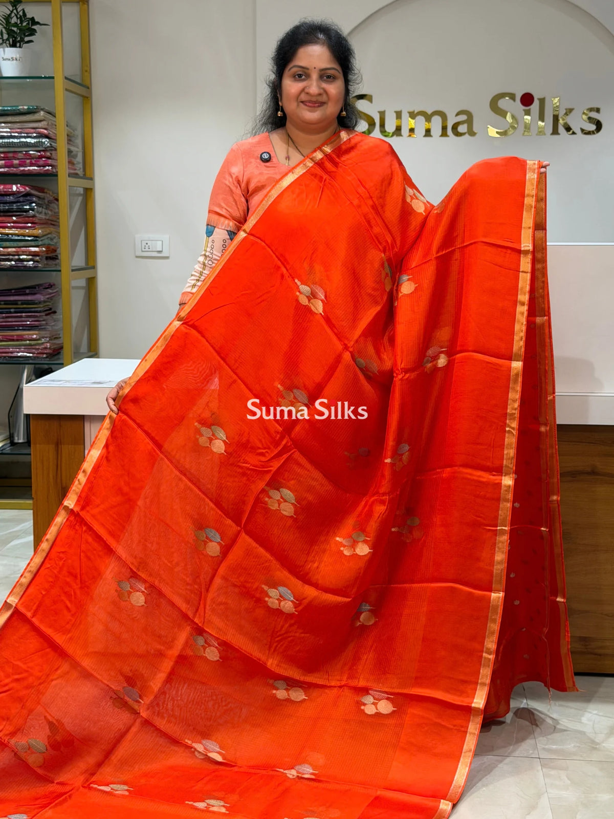 Manipuri Kota Poppins Saree Orange Color
