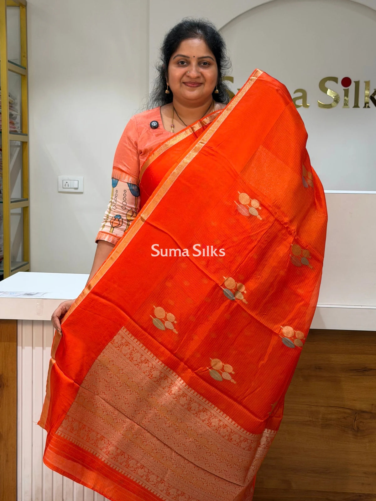Manipuri Kota Poppins Saree Orange Color