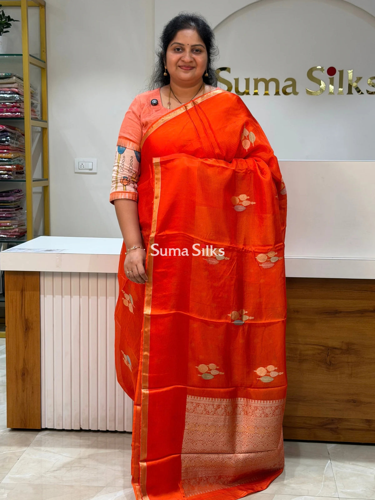 Manipuri Kota Poppins Saree Orange Color