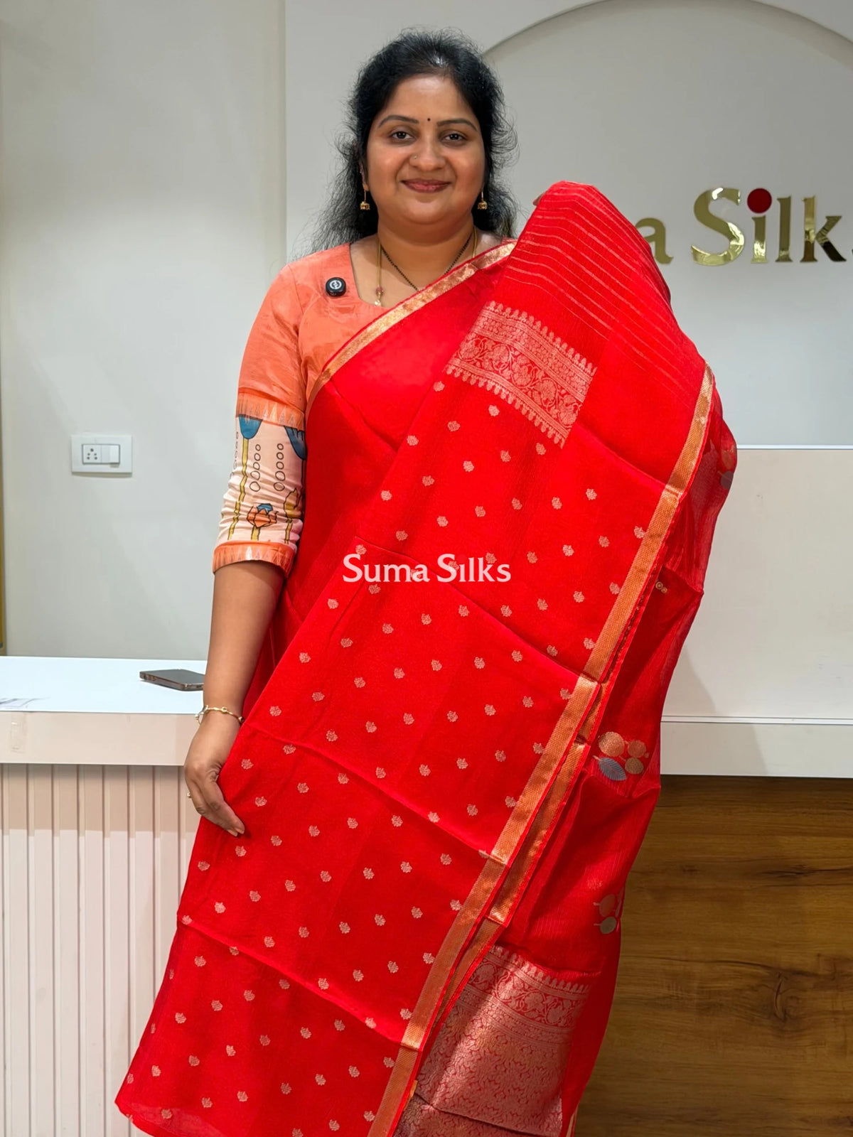 Manipuri Kota Poppins Saree Red Color