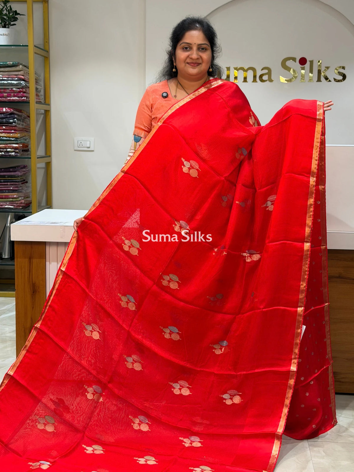 Manipuri Kota Poppins Saree Red Color