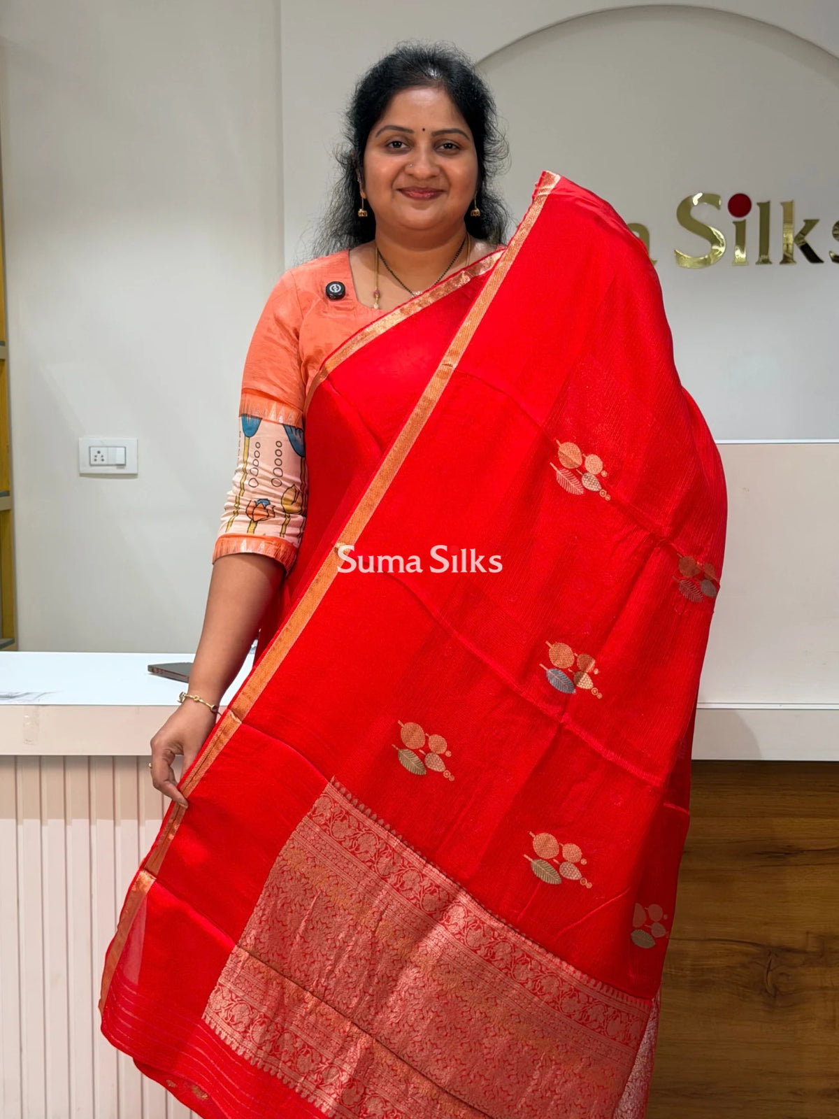 Manipuri Kota Poppins Saree Red Color