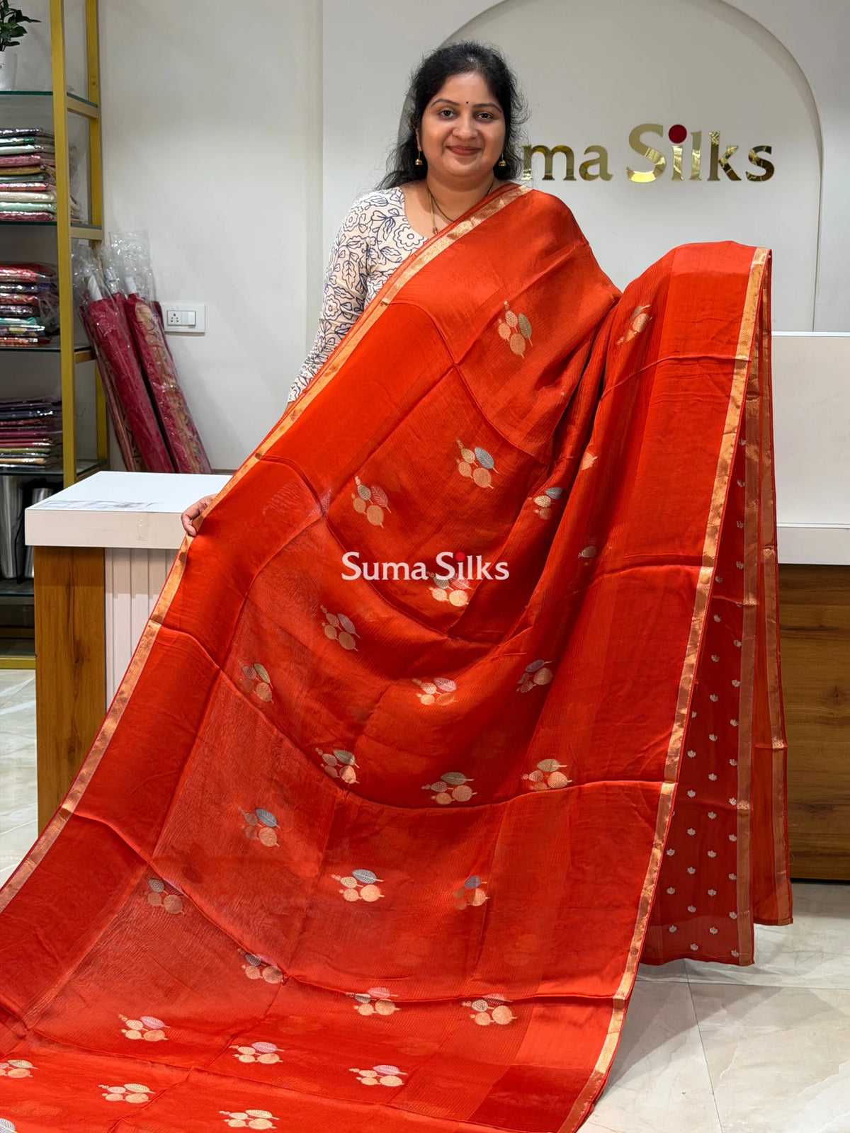 Manipuri Kota Poppins Saree Rust Color