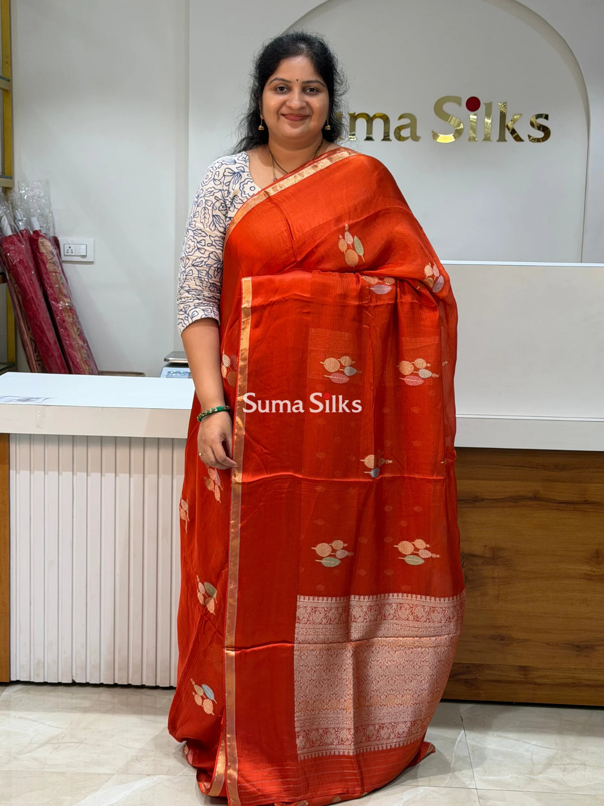 Manipuri Kota Poppins Saree Rust Color