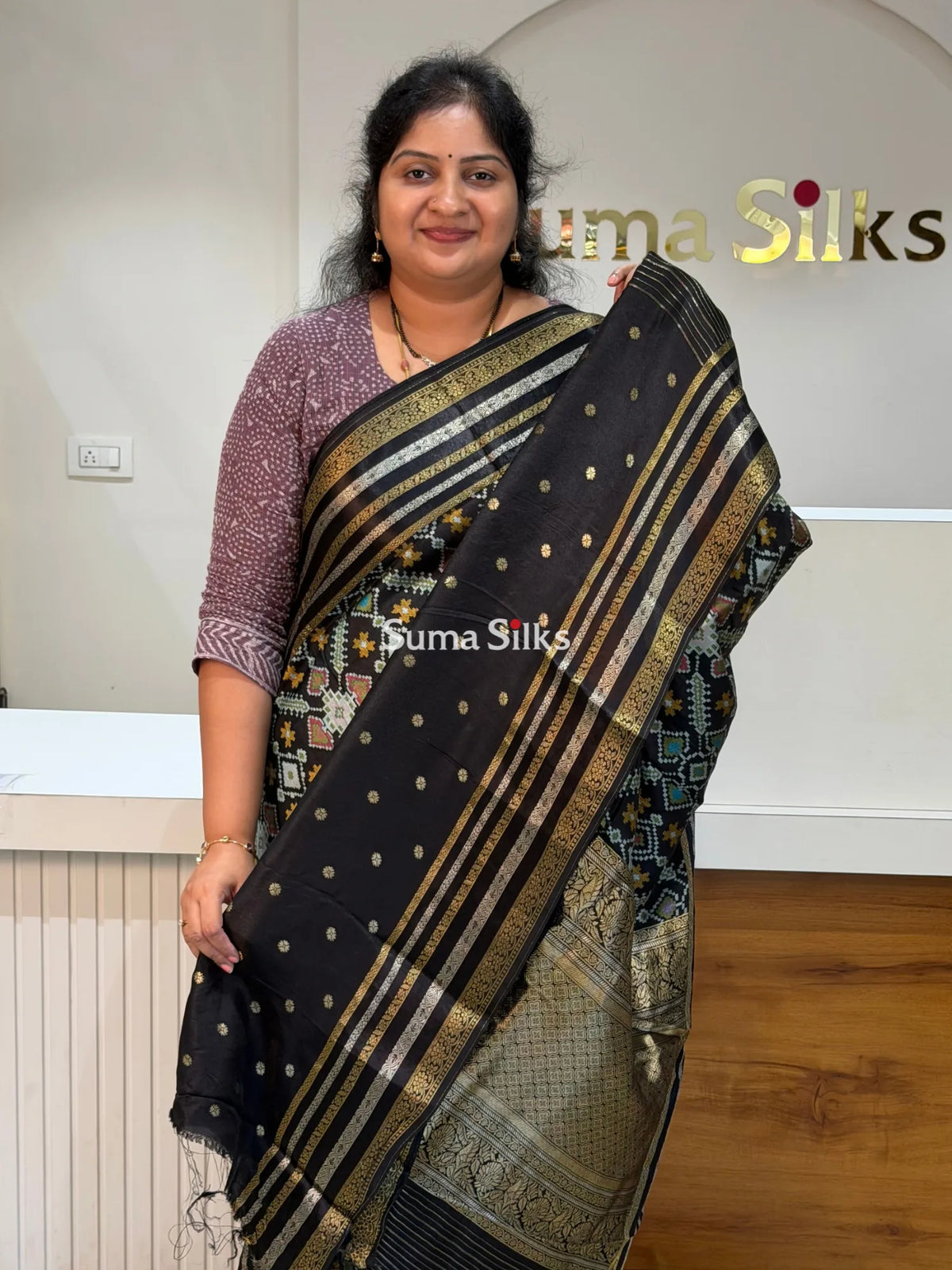 Moonga Crepe Navratan Patola Saree Black Color
