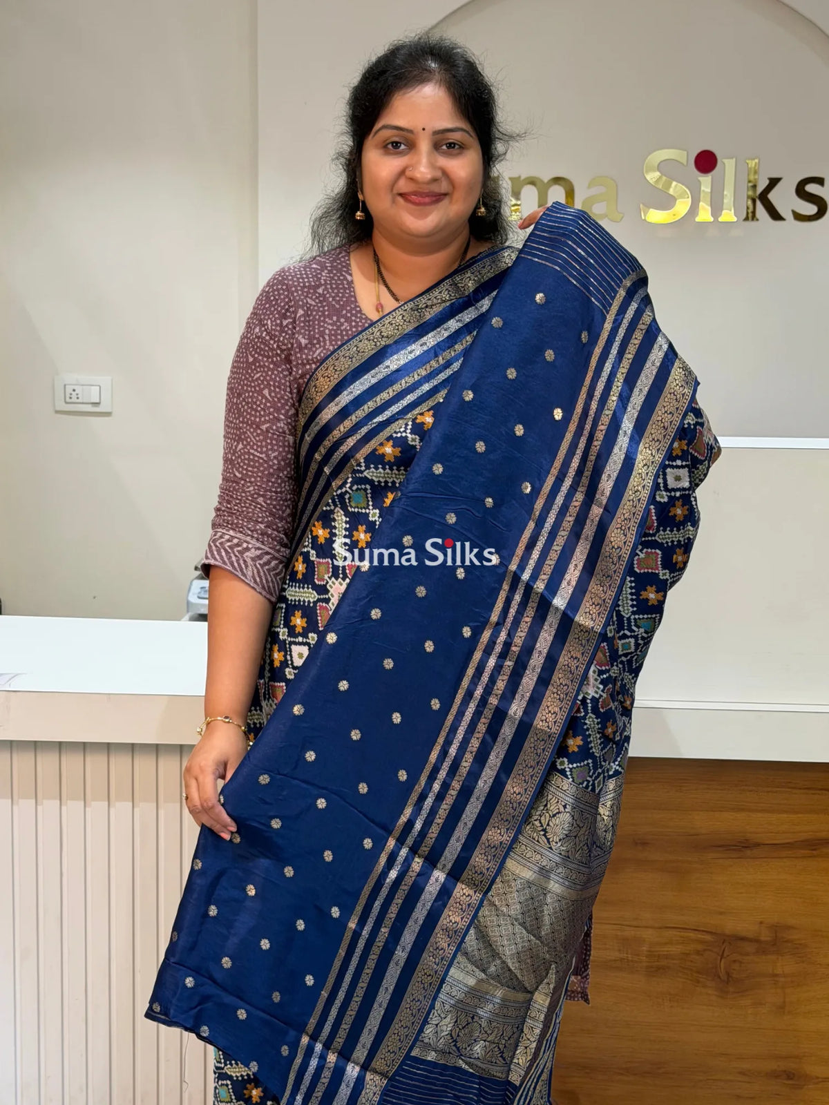 Moonga Crepe Navratan Patola Saree Blue Color
